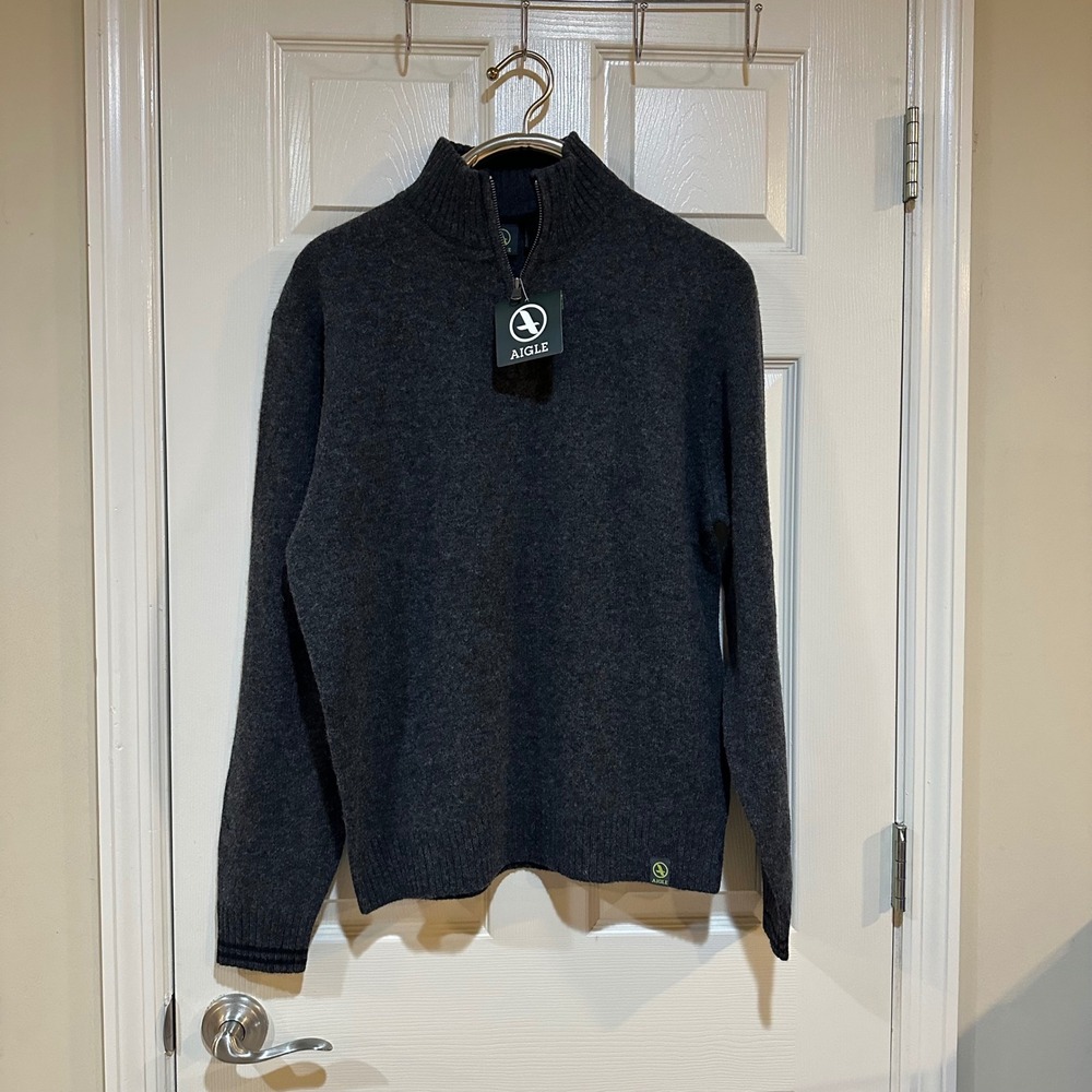Aigle‎ Mens 100% Lambswool Quarter Zip Sweater Charcoal Grey Size Large NWT
